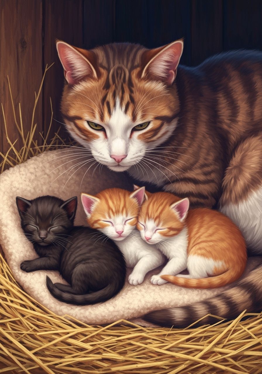 Mother Cat Watches Sleeping Kittens in Cozy Barn