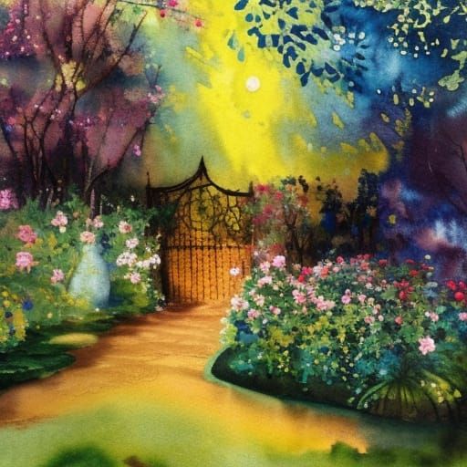 Secret Garden in Gouache Style at Golden Hour