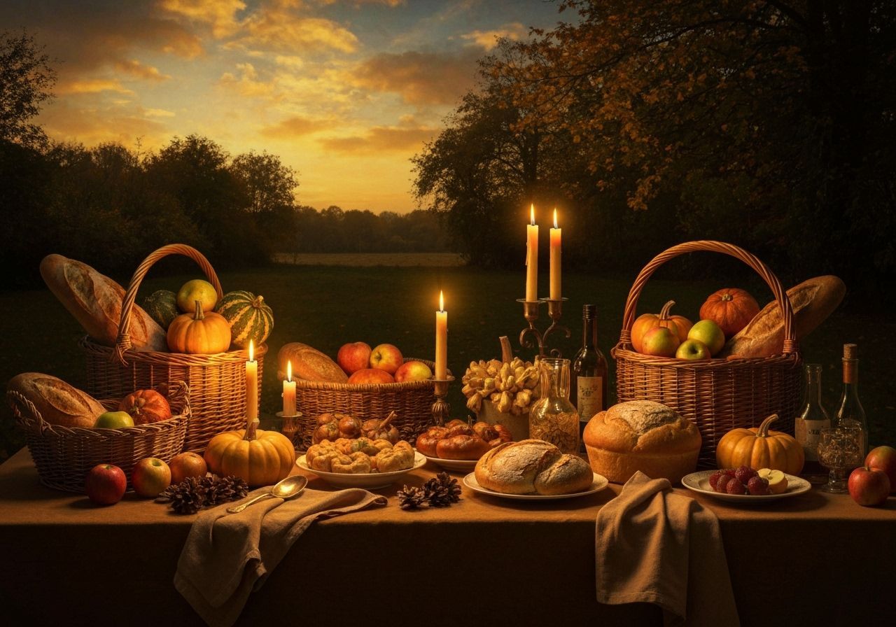 Festive Harvest Table Laden with Food and Autumn Decor