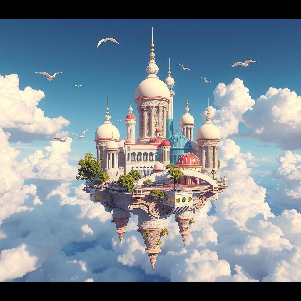 Voxel Art: Floating Futuristic Ivory City in Clouds