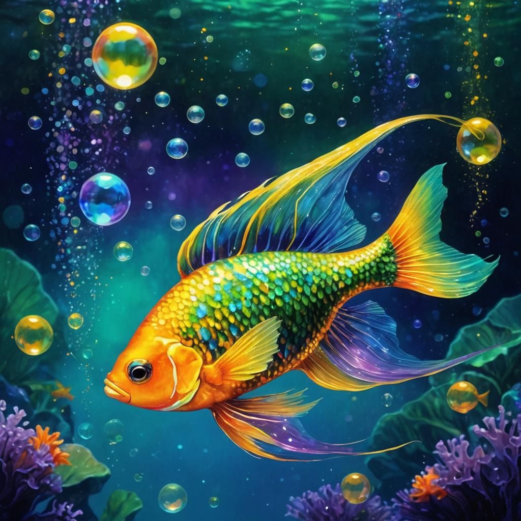 Iridescent Tropical Fish in Fantasy Underwater Scene