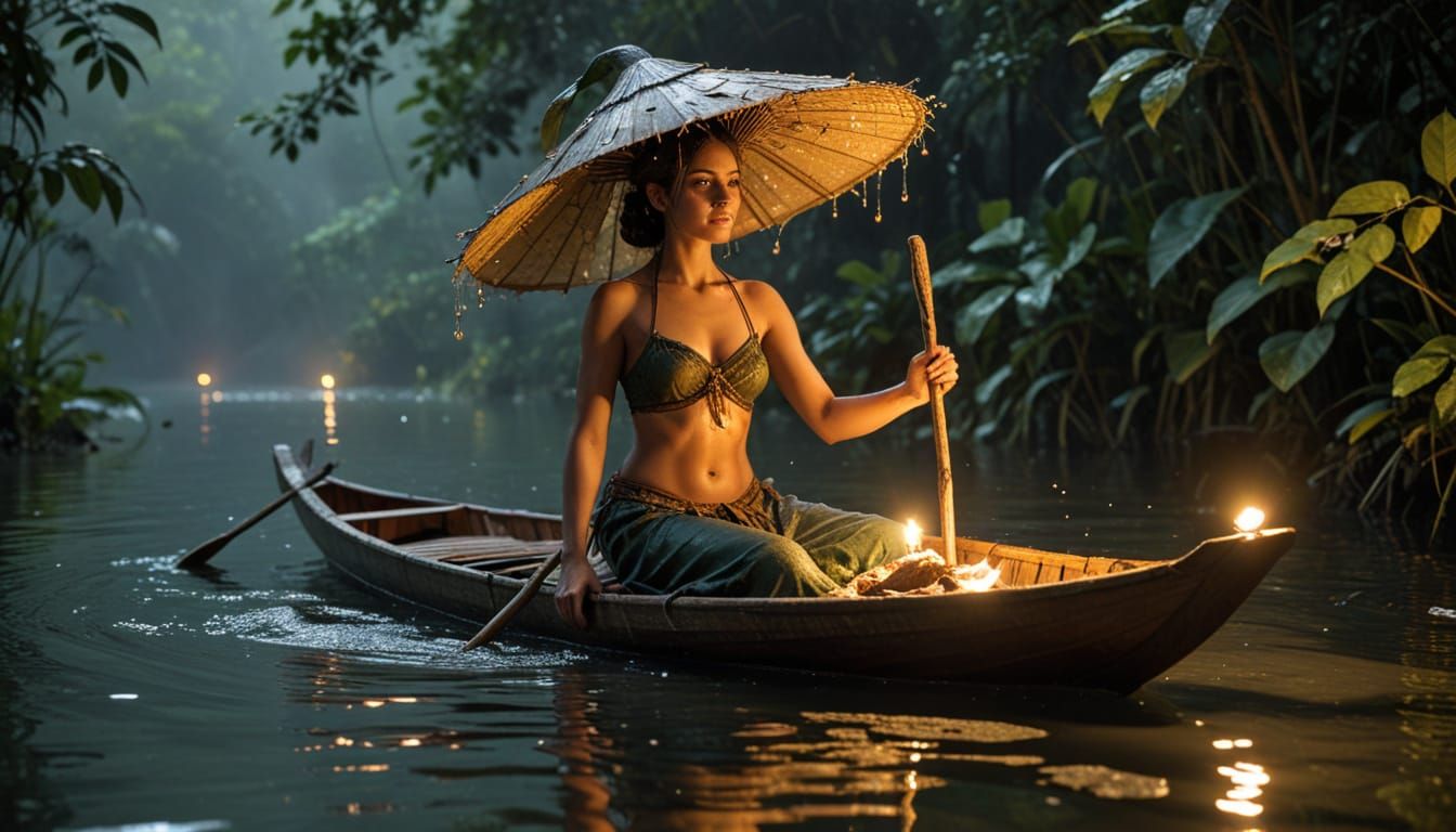 Painted Leaf Reveals Sunset Canoe Scene