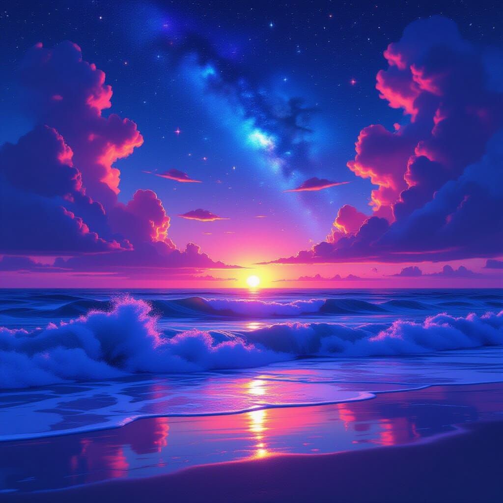 Cosmic Ocean Sunset with Galaxies and Neon Waves