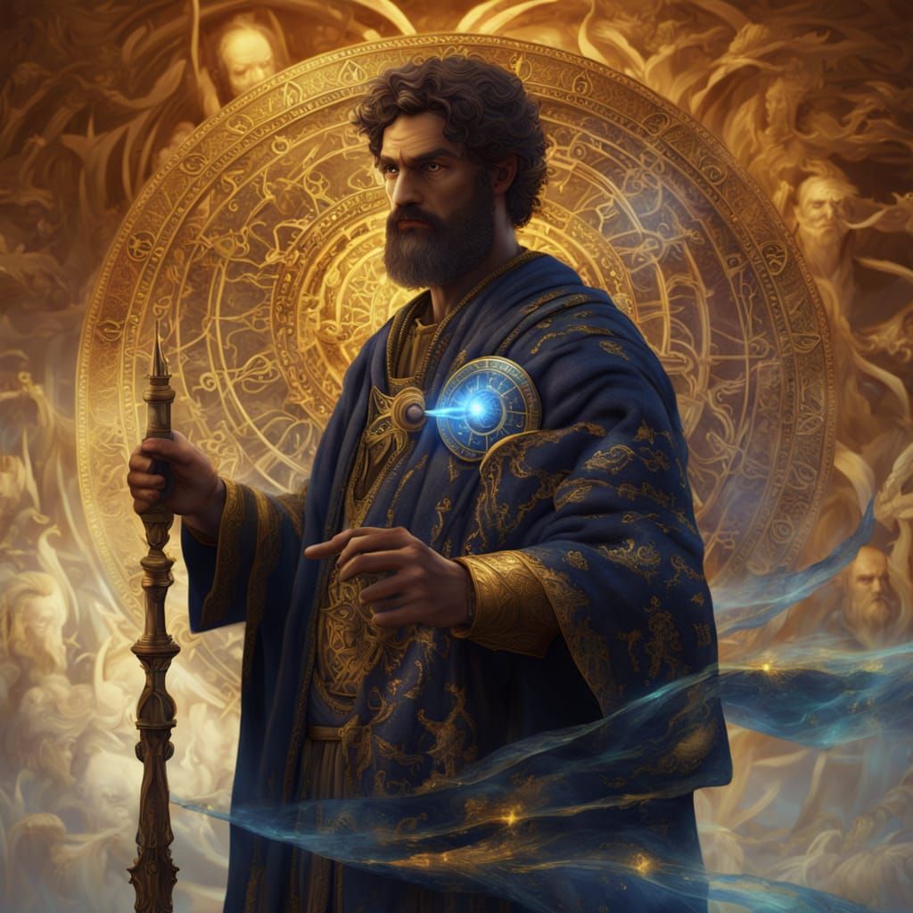 Greek Science Visionary in Golden Robes with Mystical Compas...