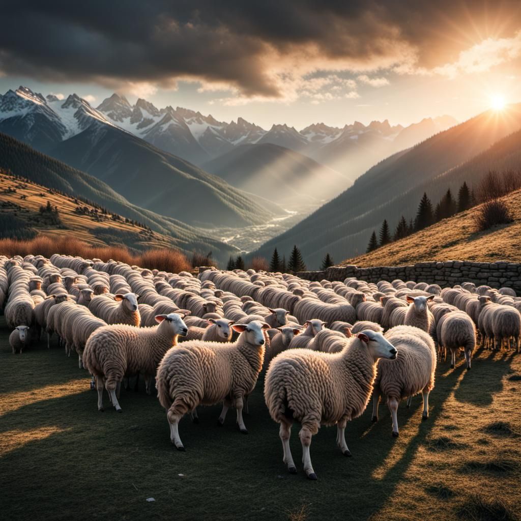 Sunrise over the mountains sheep