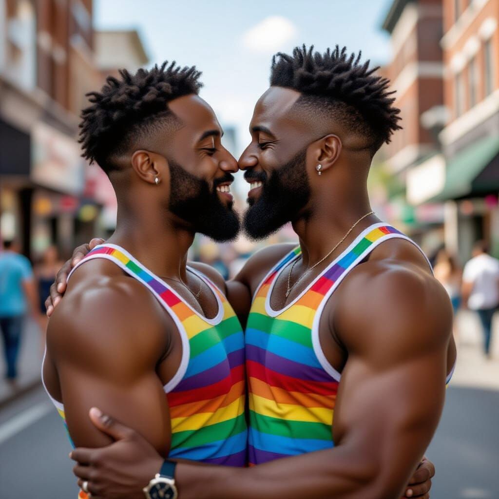 Two Black Men Embrace on a Busy Street