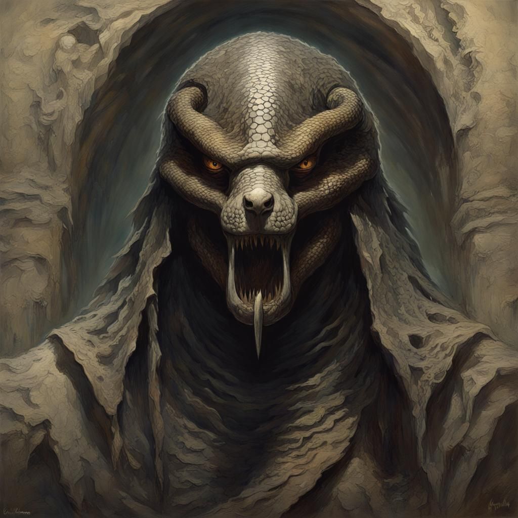 Snake-Headed Warrior in Dark Fantasy Style