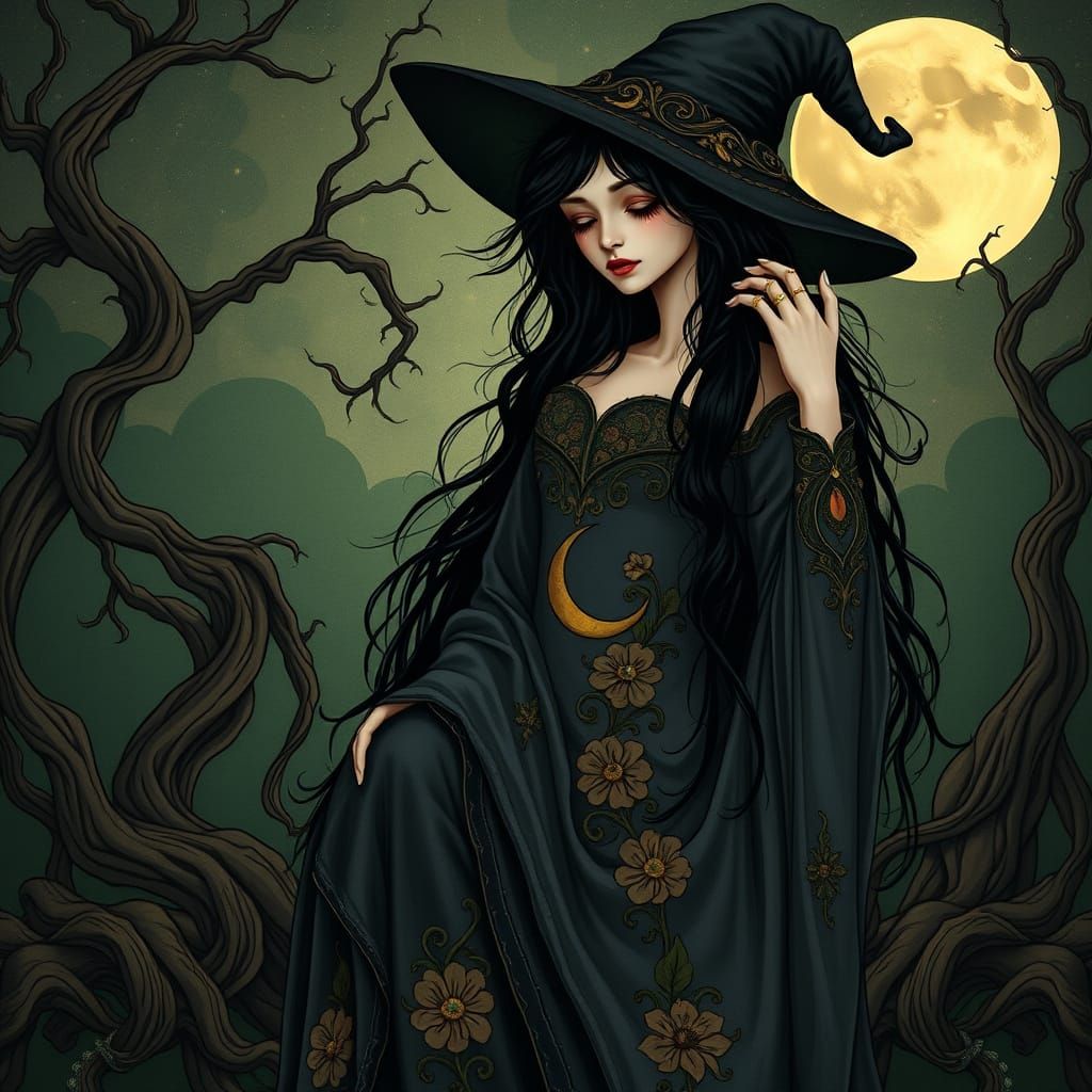 Ethereal Art Nouveau Witch Under the Whimsical Moonlight