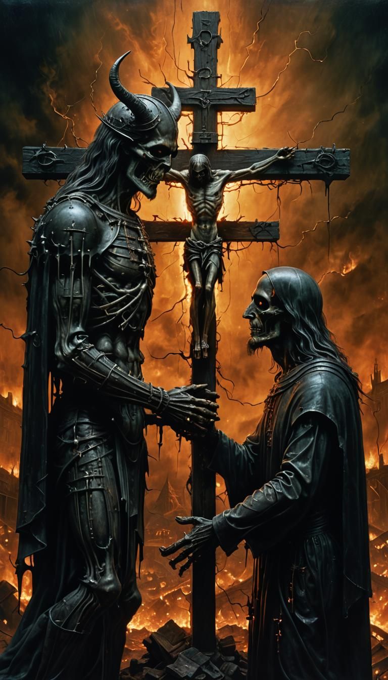 Surreal Devil and Christ Playing on the Cross