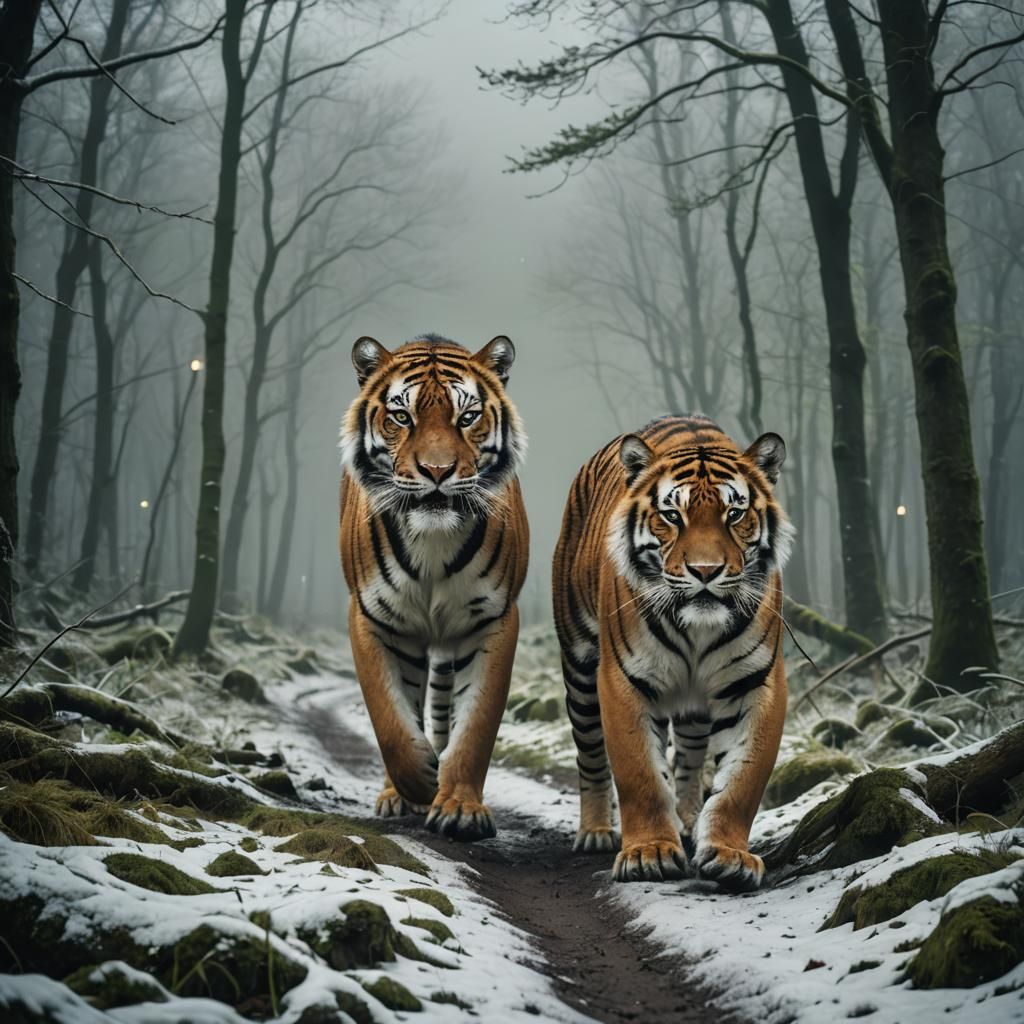 Tigers in Snowy Mountains Under Aurora