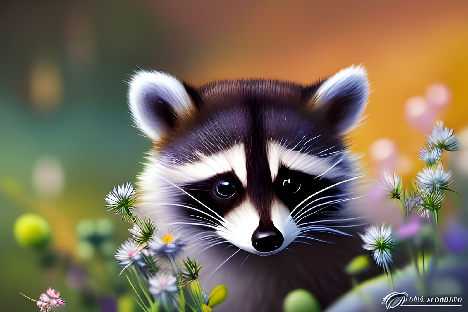 008-"Beautiful RACCOON chibi Peeking Out of Wildflower Patch" - 2939 - SM-*S MASTER*