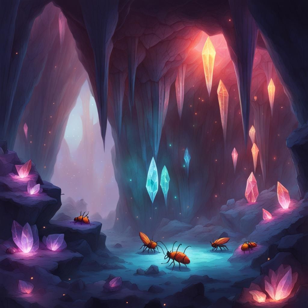 Glowing Bugs Illuminate a Crystal Cave