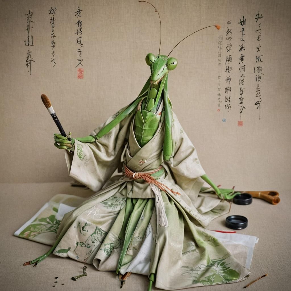 Praying Mantis Practicing Calligraphy in Kimono