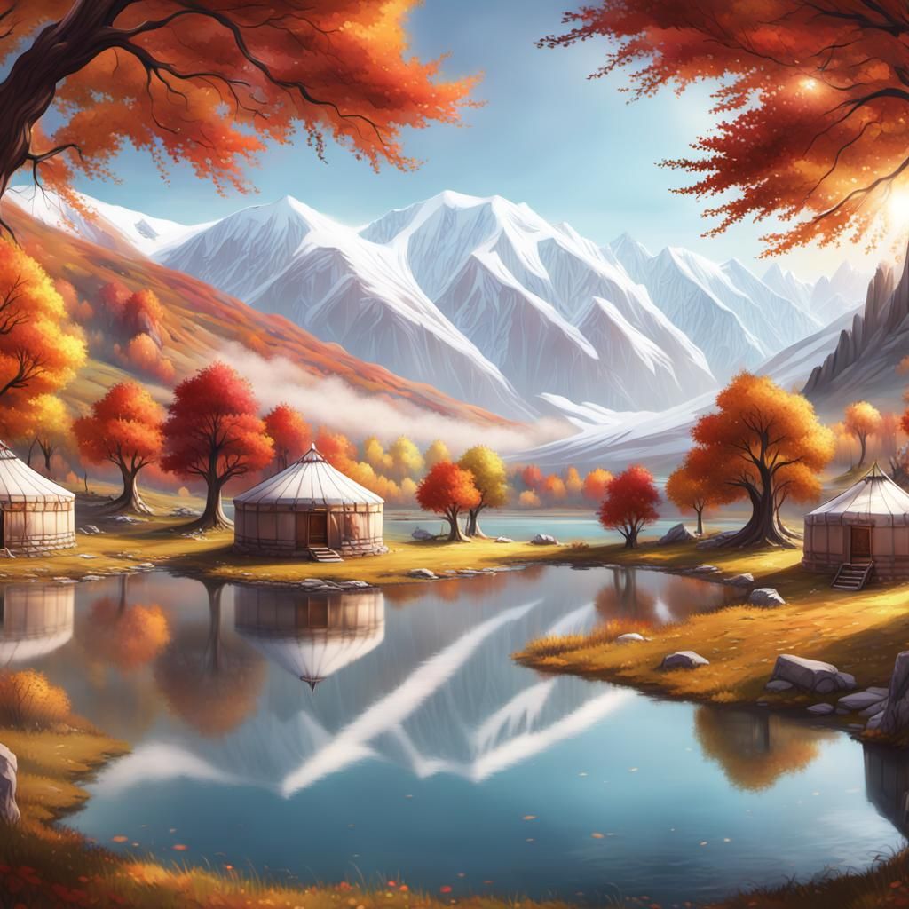 Kyrgyzstan: Autumn Meadow, Serene Lake, Anime Art