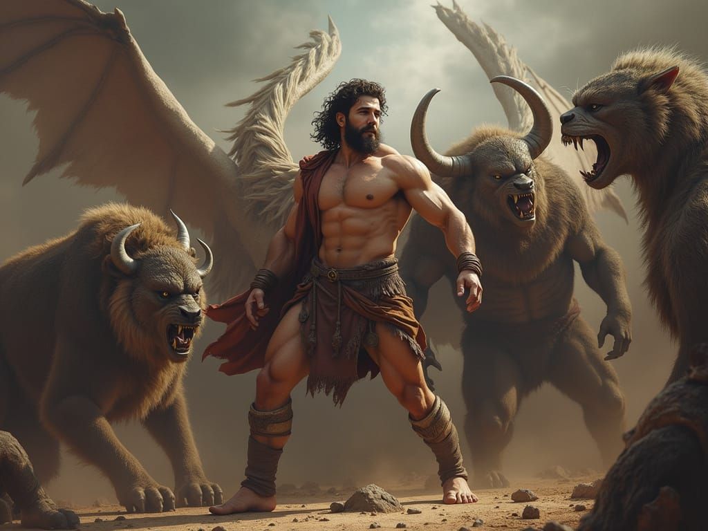 Heroic Ancient Warrior Battles Mythical Creatures in Antique...