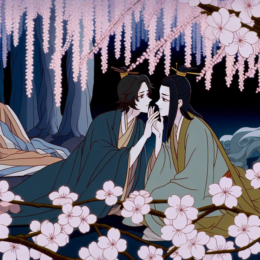 Gay Princes in Japanese Cherry Blossom Garden