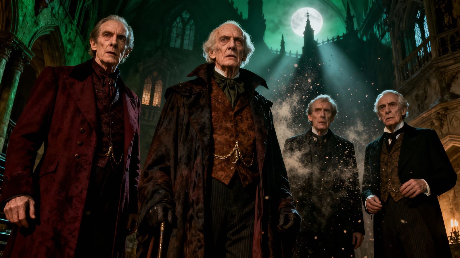 Gothic Mansion Horror Film Scene with Legendary Actors