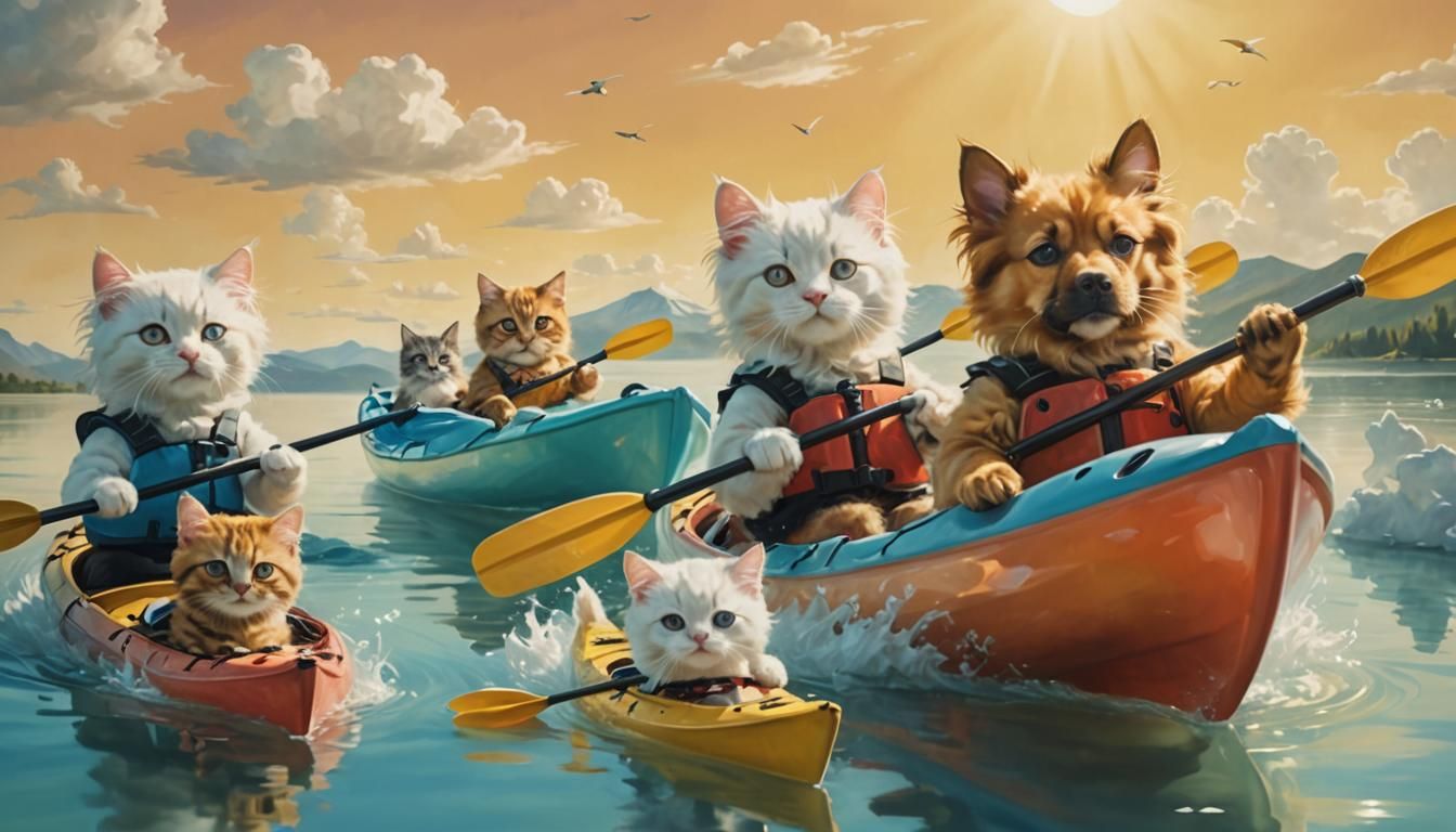 Puppies vs Kitties Kayaking in Surrealist Style
