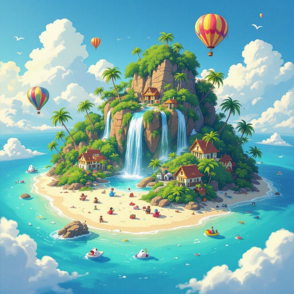 Floating Tropical Island Paradise with Whimsical Creatures