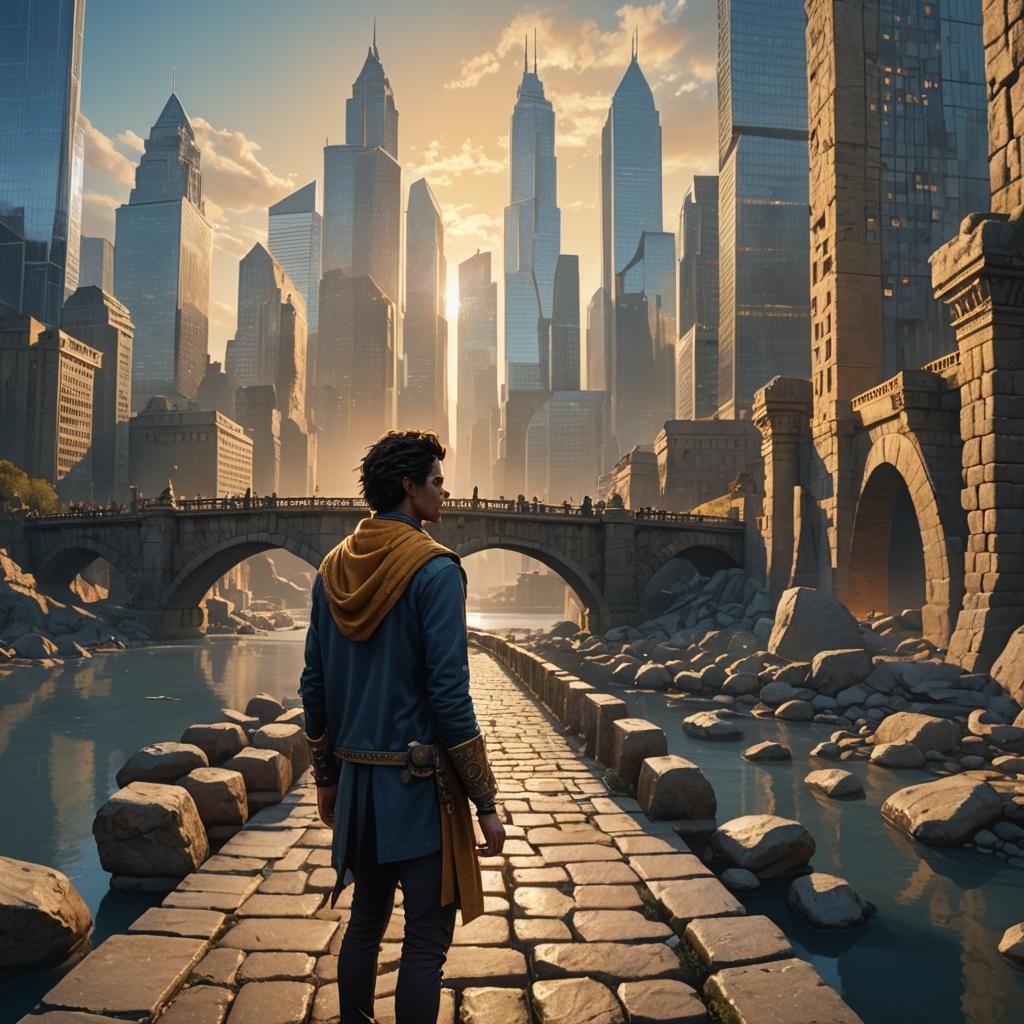 Ancient Bridge Meets Modern City Concept Art
