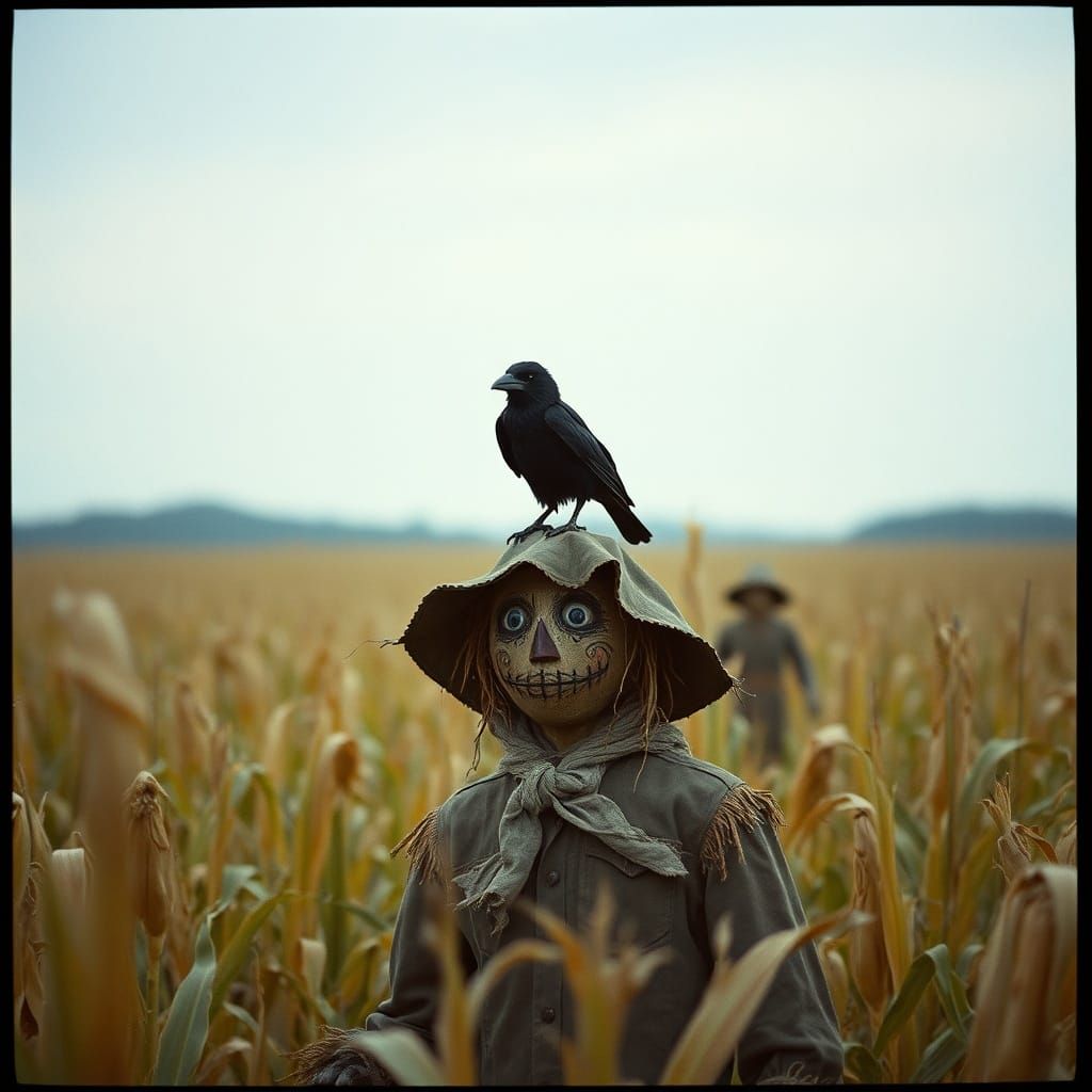 Raven Perched on Scarecrow in Corn Field
