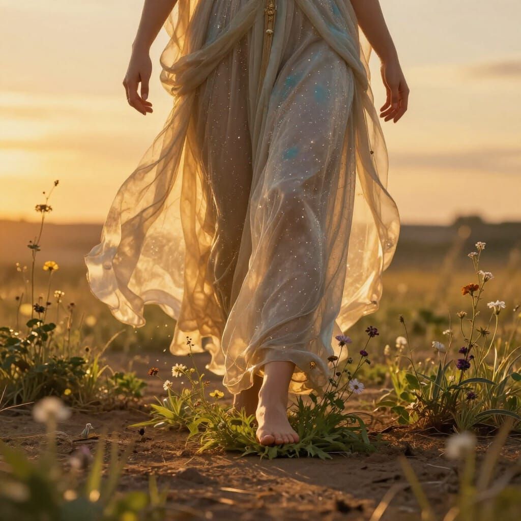 Goddess Walks Earth, Sprouting Life in Golden Sunset