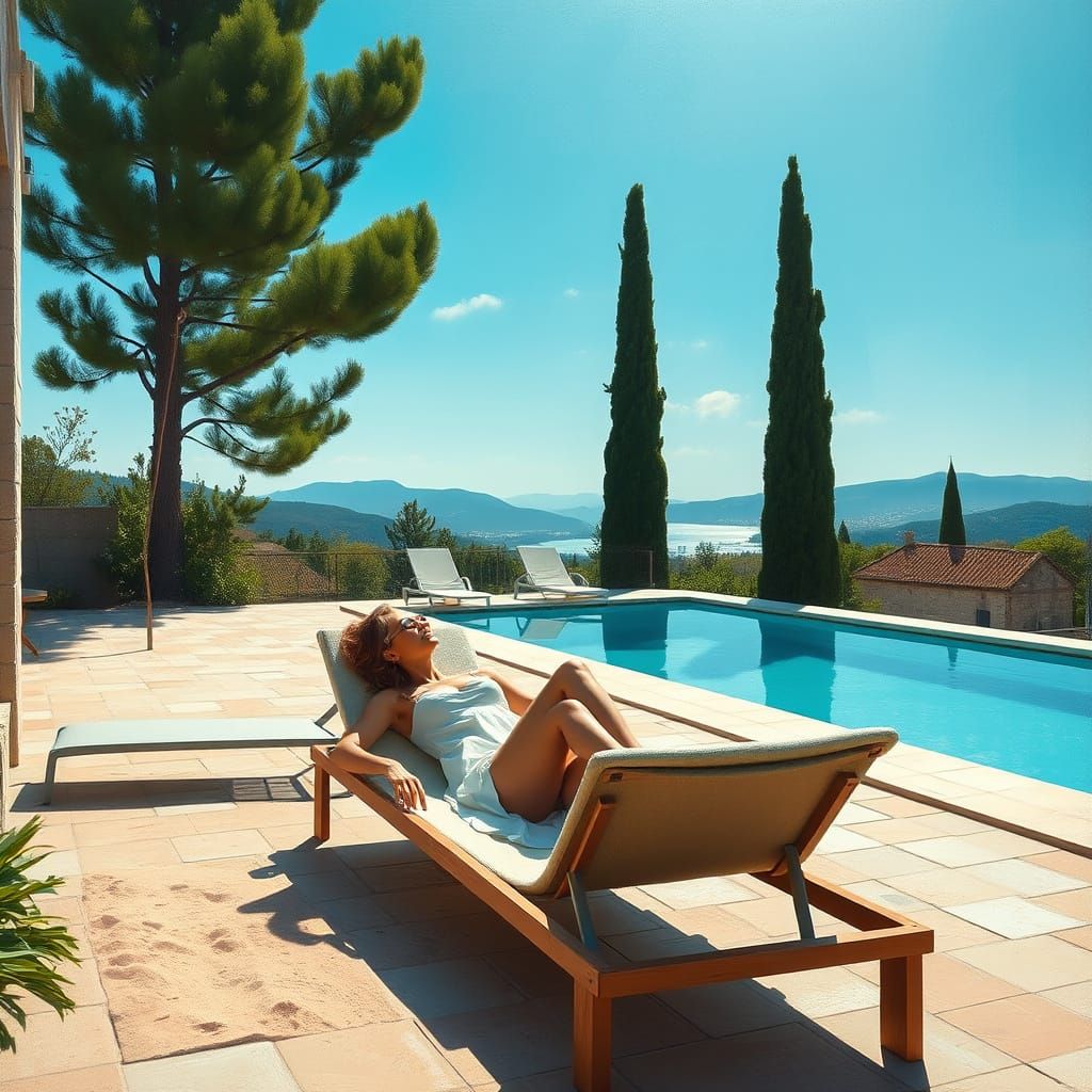 Serene Poolside Scene in Oil Painting Style