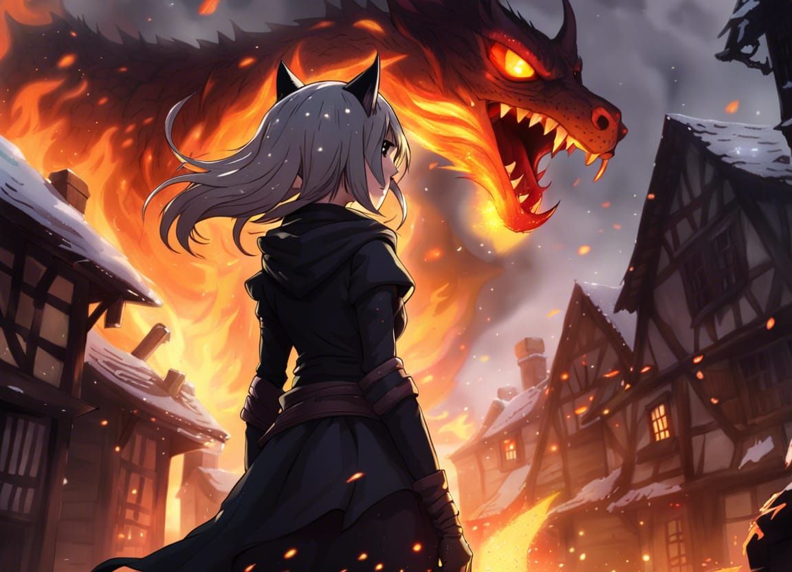 Anime Cat Girl Knight Confronts Dragon