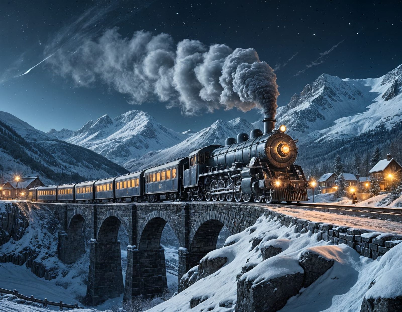 Vintage Steam Train on Snowy Mountain Bridge Under Starlit N...
