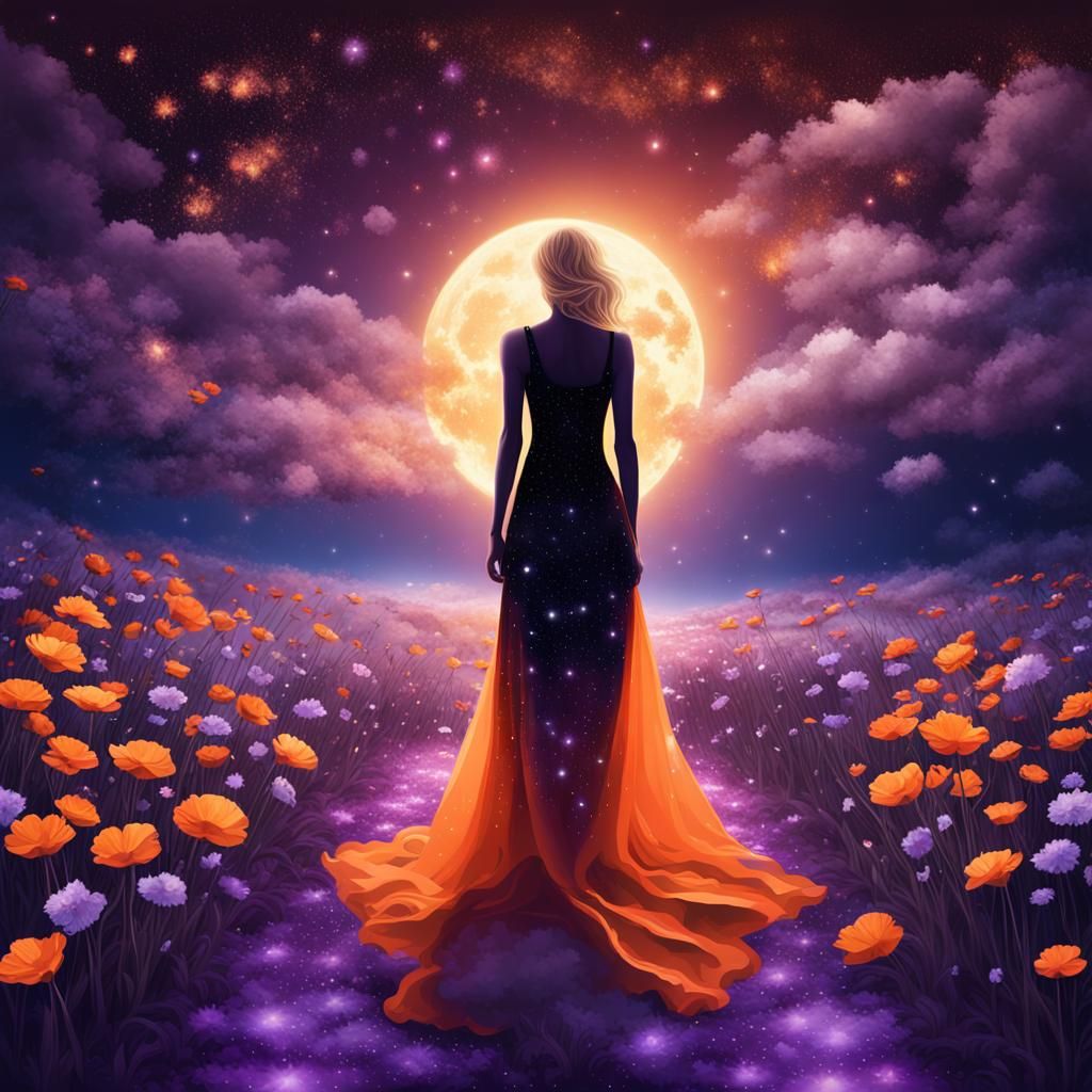 Woman in Orange Dress in Starry Night