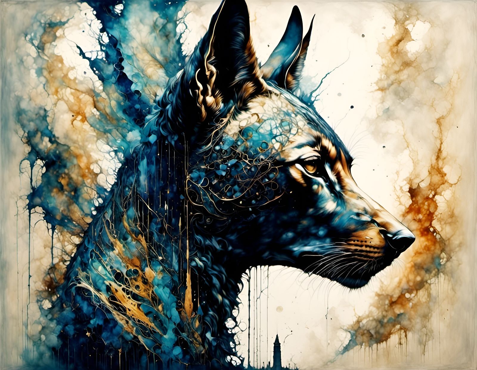 Obsidian Anubis Overlooks Metropolis in Ornamental Style