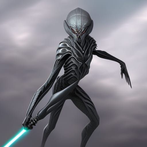 Grey Alien Jedi in Hyperrealistic Splash Art
