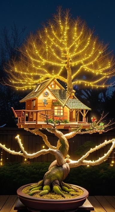 Miniature Treehouse with Bonsai and Christmas Lights