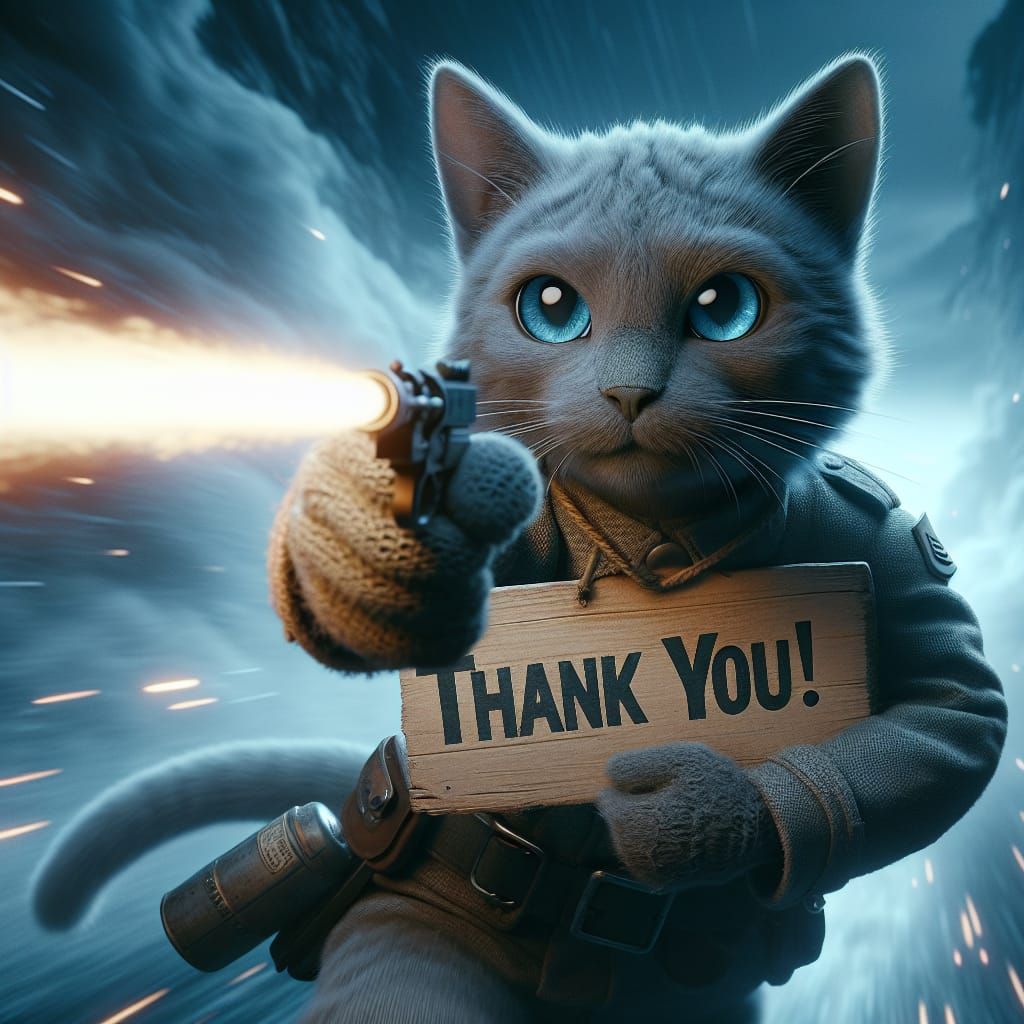 Cute Gray Korat Cat Holds 'Thank You!' Sign in Moody Landsca...