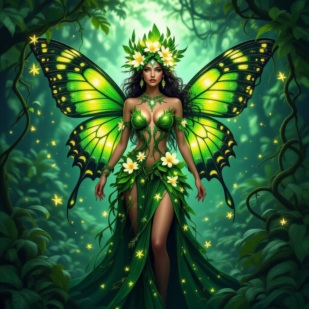Jungle Emerald Goddess with Bioluminescent Flora