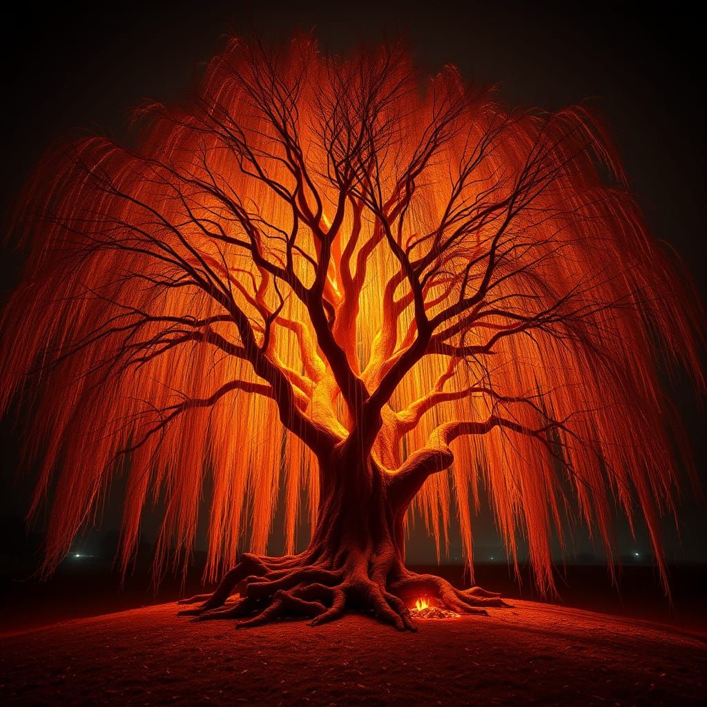 Fiery Grand Willow Tree in Hyperrealistic Detail