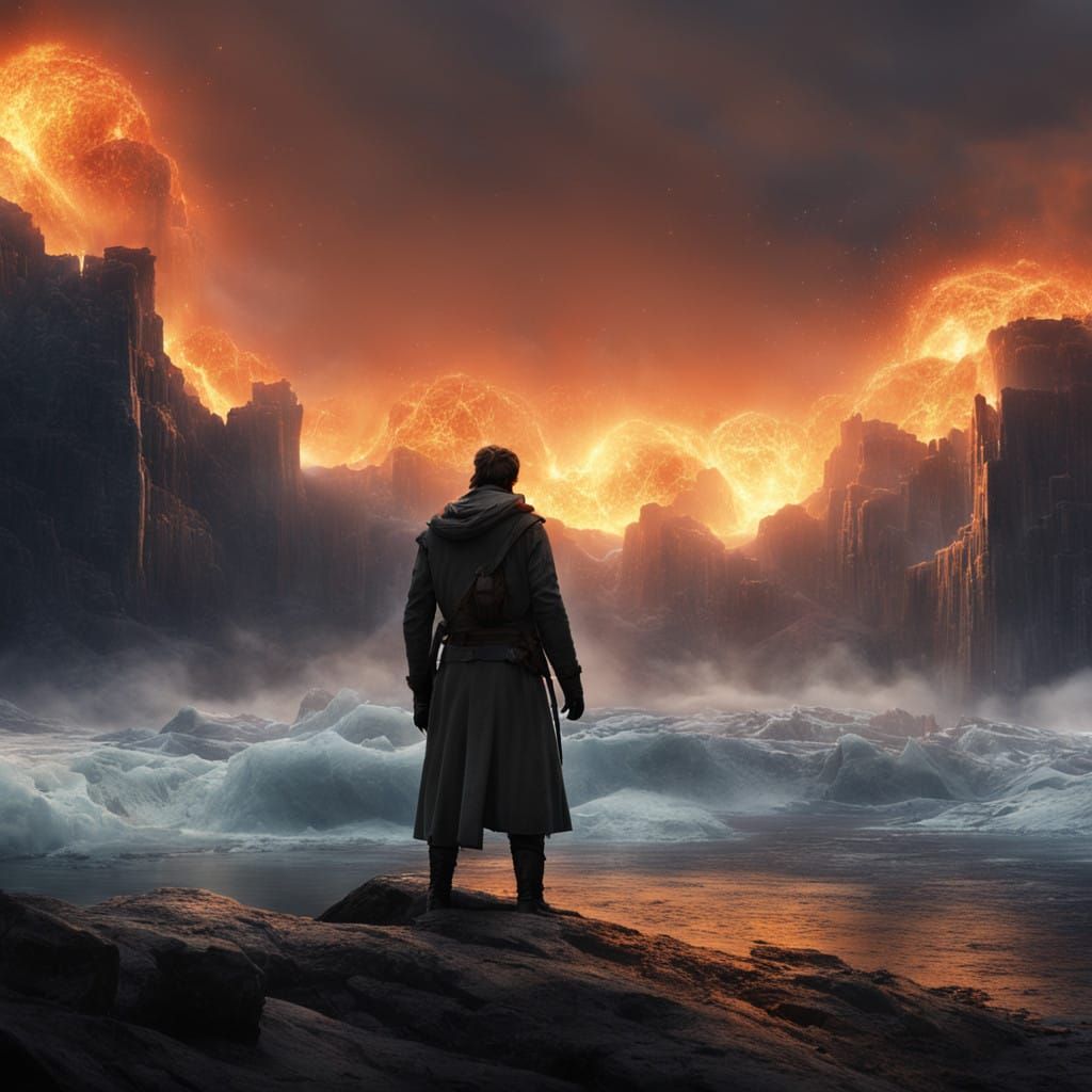 Celestial Mountain Rising from Blazing Rivers in Ethereal Li...