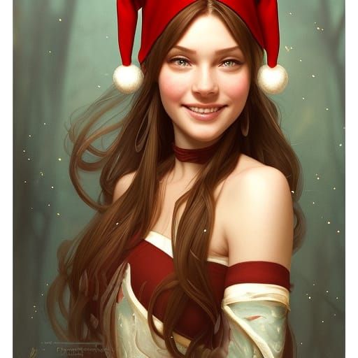 Beautiful Christmas Elf Portrait in Art Nouveau Style