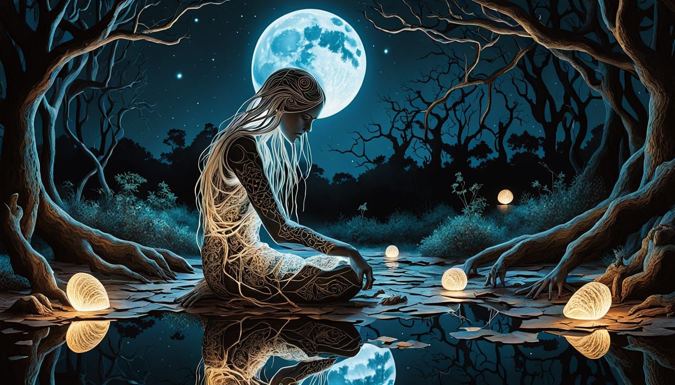 Surreal Fragmented Labyrinth with Glowing Creatures