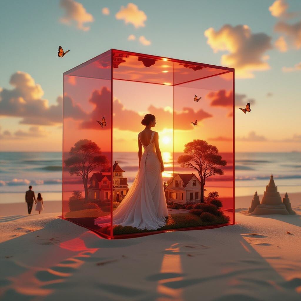 Miniature City Sunset in Red Glass Square