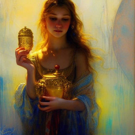 Goddess with Golden Chalice Gouache Illustration