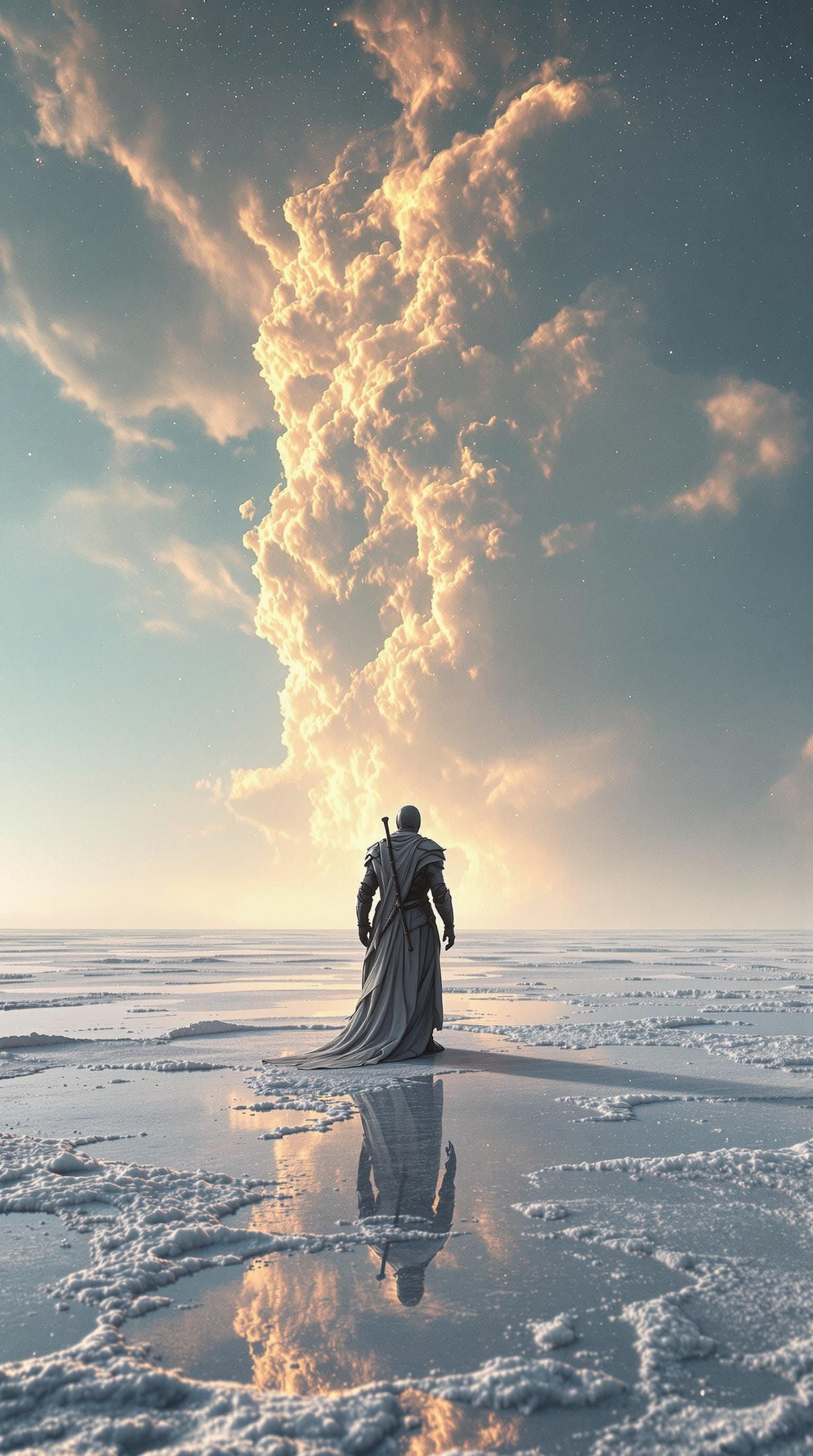 Medieval Sci-Fi Warrior in Eerie Salt Plain Landscape