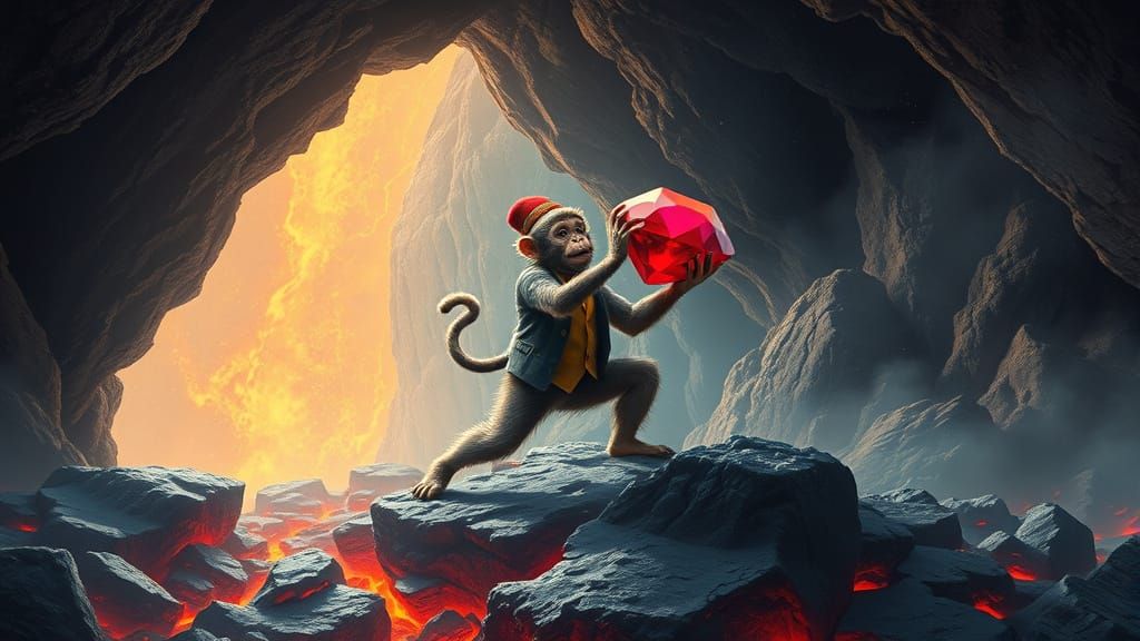 Monkey Escapes Lava Cave with Ruby, Astral Illustration