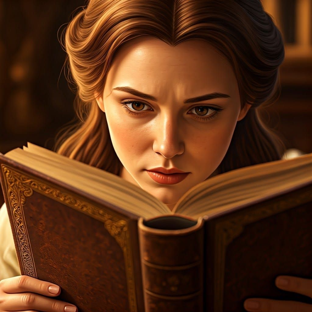 Woman Reading Vintage Book: Hyperrealistic Portrait