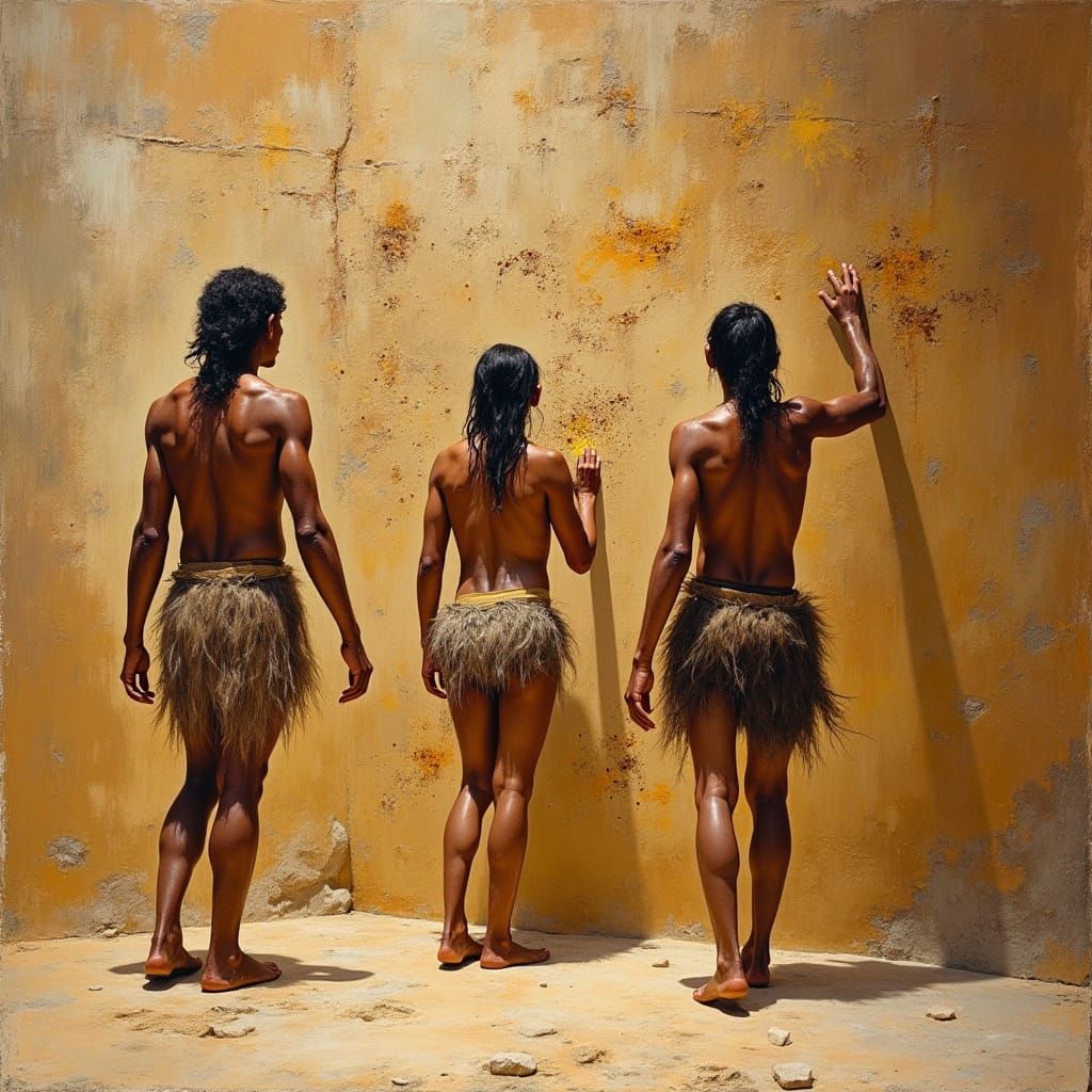 Early humans painting dots as proto-language on cave walls, created in primitive ochre and charcoal cave art style. oil ...