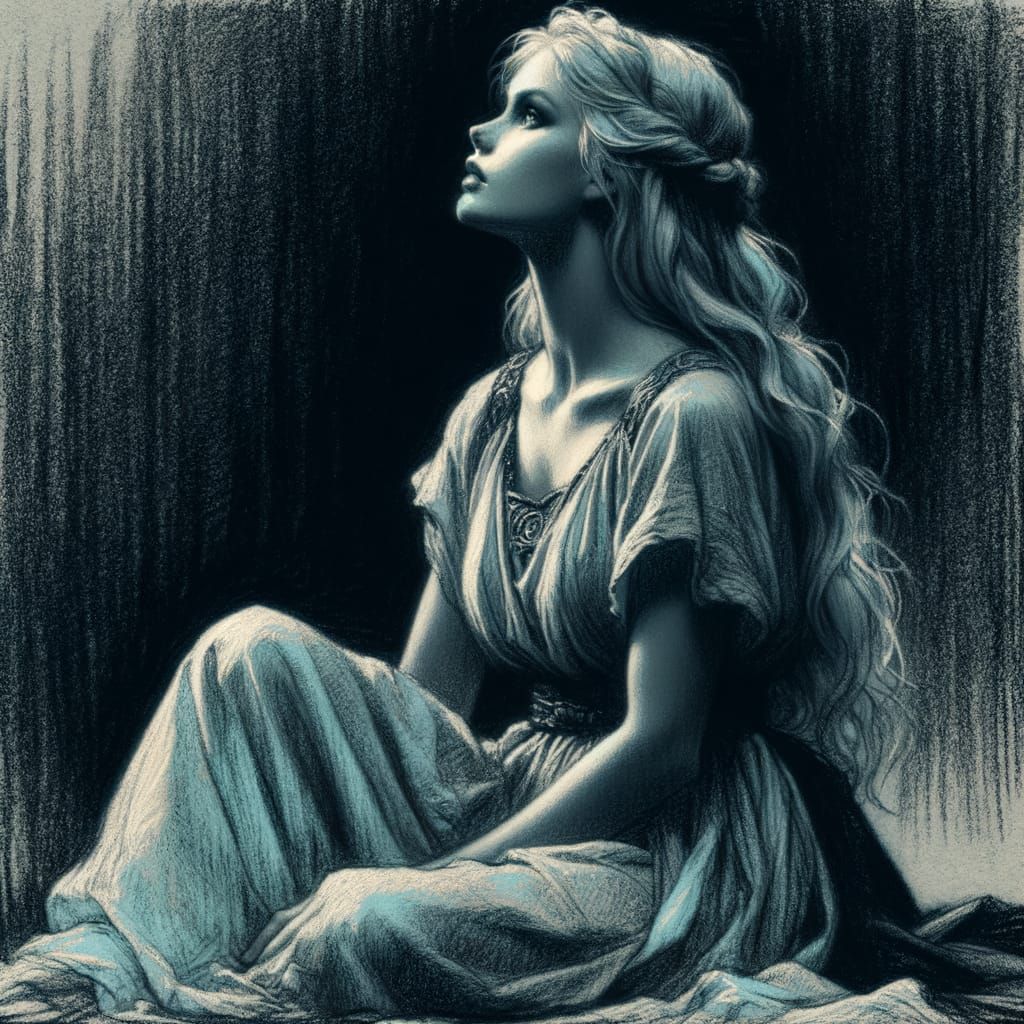 Norse Goddess in Dichromatic Charcoal Sketch