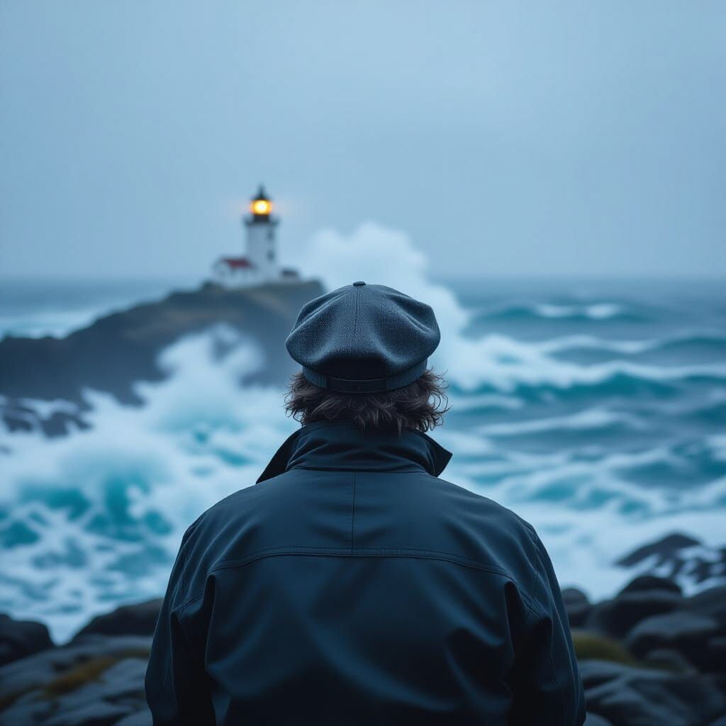 Solitary Lighthouse Keeper on Stormy Island in Hyperrealisti...