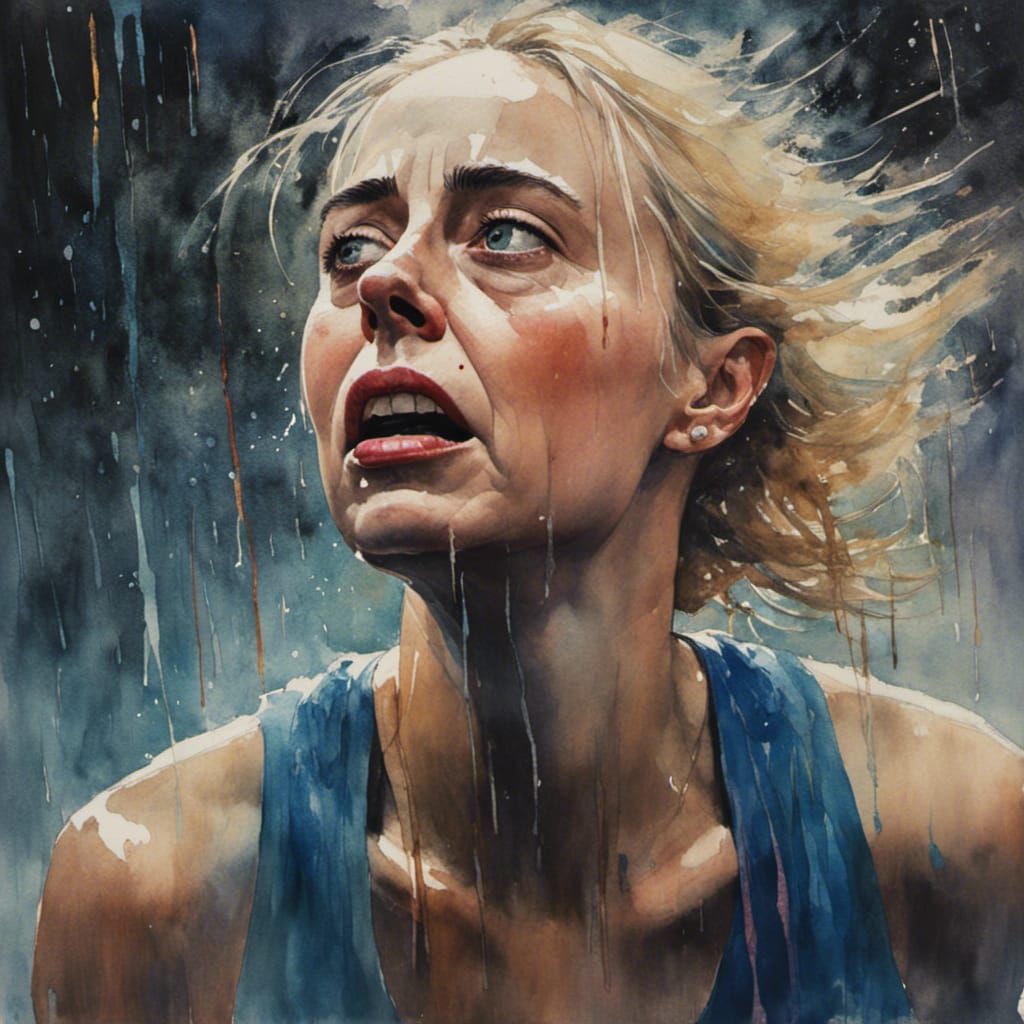 Blonde Woman in Rainbow Rain: A Dreamlike Image