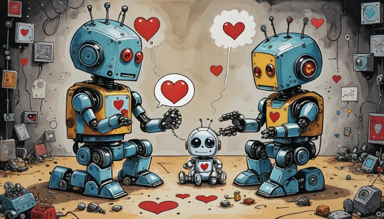 An adorable scene depicted in acrylic and ink mixed media, f...