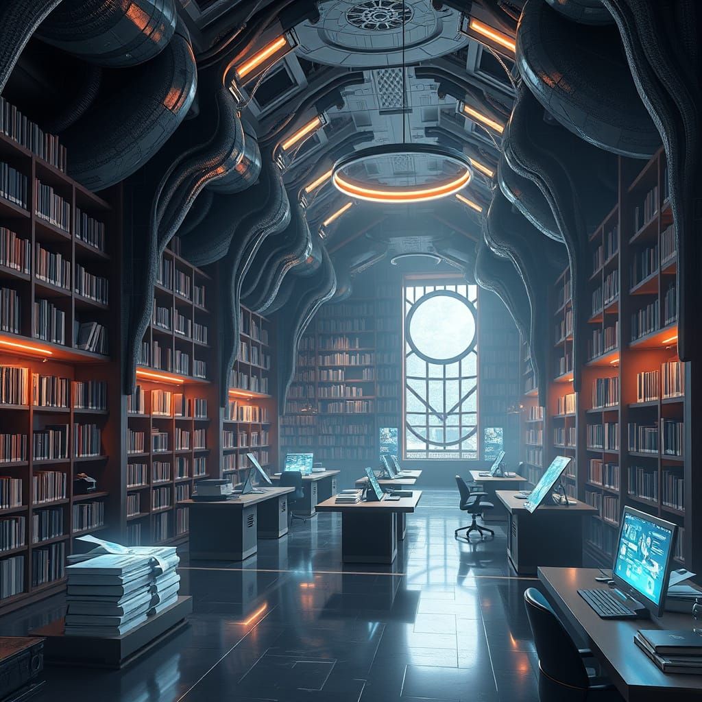 Futuristic Library with Holographic Books in Unreal Engine 5